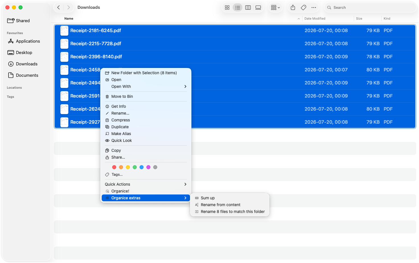 Eight receipt files selected in Finder with Organice actions for totaling and renaming the selection