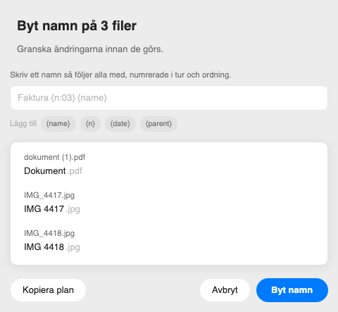 Organice förhandsgranskar nya namn för tre filer innan hela namnbytet genomförs