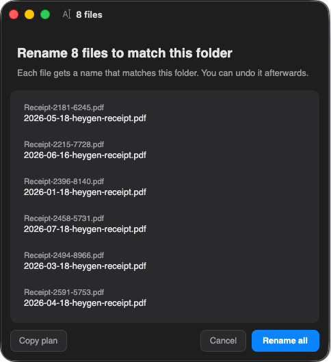 Organice previewing eight receipt filenames as one consistent set before applying the rename