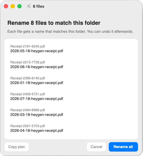 Organice previewing eight receipt filenames as one consistent set before applying the rename